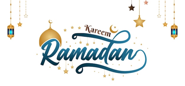 라마단 카림 랜터가 있는 marhaban ya ramadhan 스티커에 대한 이슬람 아랍어 타이포그래피 텍스트 문자