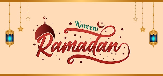 라마단 카림 랜터가 있는 marhaban ya ramadhan 스티커에 대한 이슬람 아랍어 타이포그래피 텍스트 문자