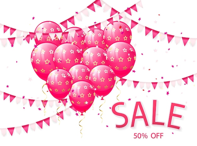 Надпись "Распродажа" с розовыми воздушными шарами и вымпелами на белом фоне иллюстрации