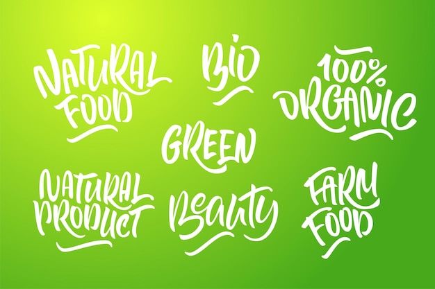 Set di lettere per prodotti naturali nei colori verdi logo scritto a mano cibo naturale 100 alimenti da fattoria biologica prodotto naturale biologico verde bellezza testo vettoriale