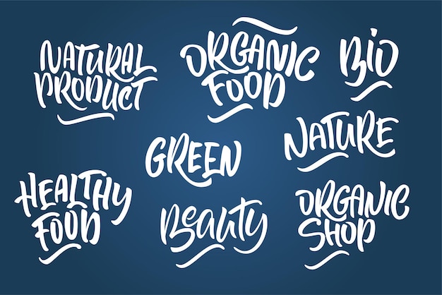 Lettering set for natural products handwritten logo fresh nature organic food natural cosmetics farm food nature healthy food vector text