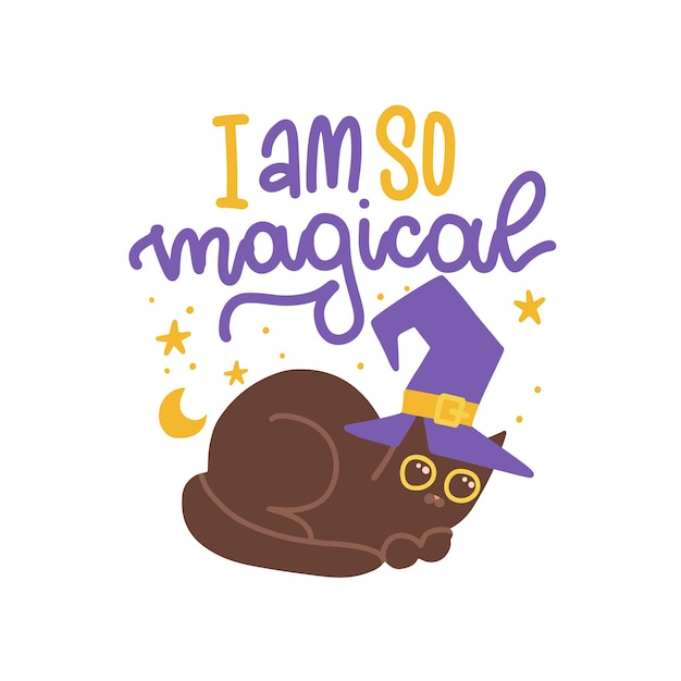 Lettering social media sticker with cute sitting black cat in a magic hat hand drawn quote i am so m