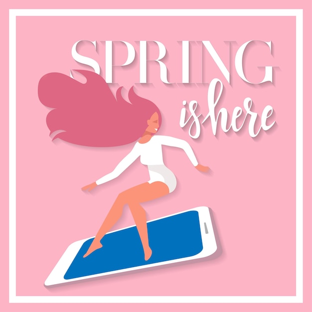 Надпись "Весна" здесь, на карточке с девушкой на смартфоне, спешащей на продажу с сумками. Скидочный баннер для рекламы. Квадратная плоская векторная иллюстрация на розовом фоне с доской.