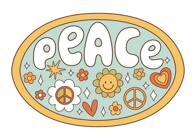 Lettering sticker retro 70s hippies Psychedelic groove elements Funny illustrations with word peace in flat style Positive and peace symbols in vintage style Vector