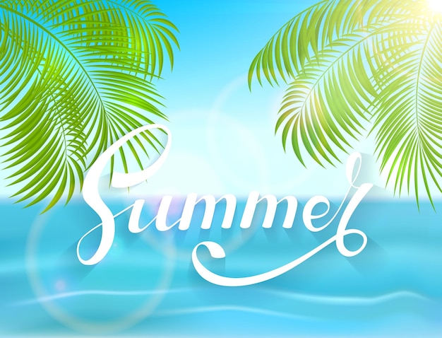 Lettering Summer and palm leaves on ocean background