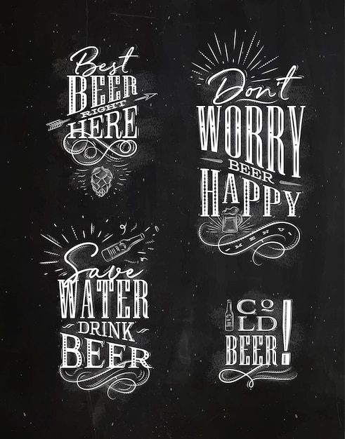 Vector lettering vintage beer drawings on chalkboard background