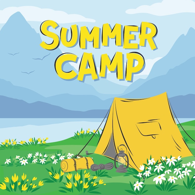Scritte benvenuti al campeggio paesaggio con montagne fiori lago e una tenda