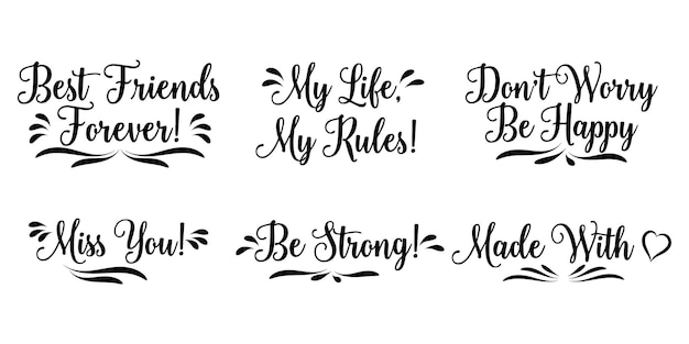 Lettering with an ornament, a set of popular expressions and wishes. Hand drawn illustration, vector