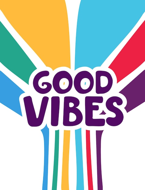 70년대 복고 스타일의 무지개 패턴 레터링 Good vibes 여러 가지 빛깔의 비문