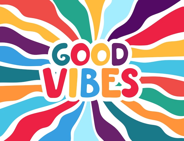 Lettering with a rainbow pattern in the retro style of the 70s Good vibes