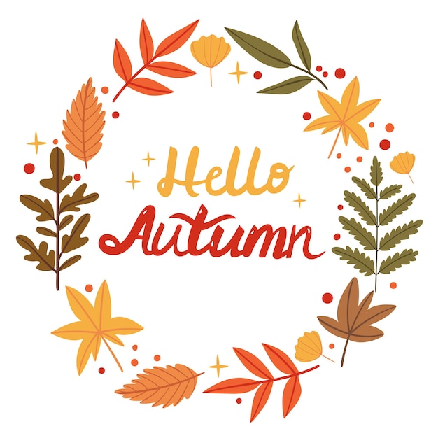 Lettering in a wreath of autumn leavesForest plantsBook illustrationFall