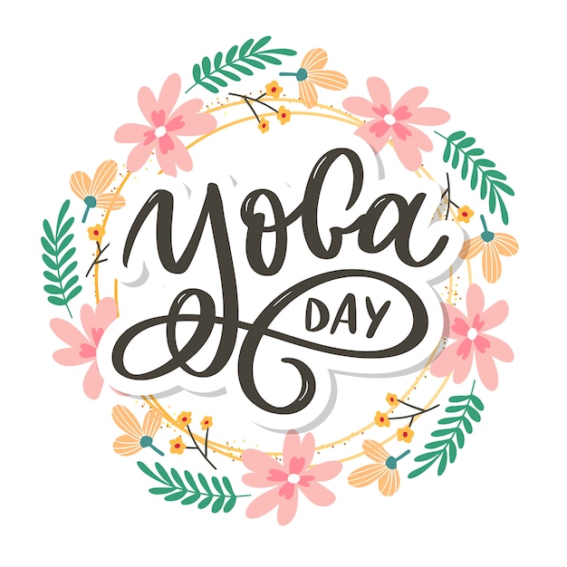 Vector lettering yoga. background international yoga day. design for poster, t-shirts, bags. yoga typography. elements for labels, logos, icons, badges.