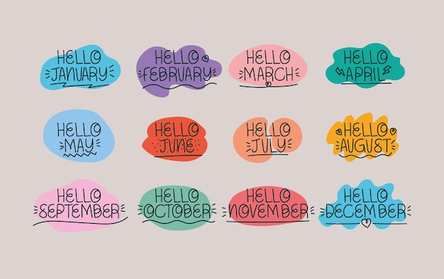 Vector letterings of hello months