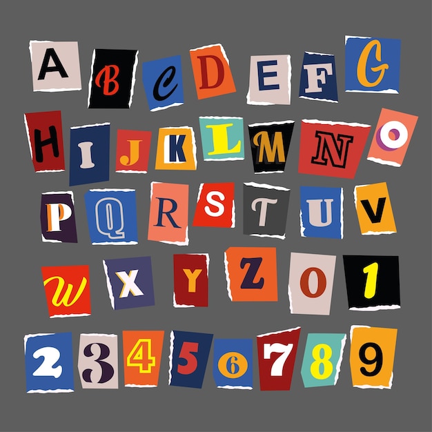 letters cut and torn from magazine on wrinkled paper background design elements
