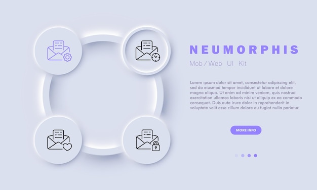 편지 봉투 세트 아이콘 웹사이트 버튼 이메일 관리 장비 시계 심장 잠금 개인 설정 통신 개념 Neomorphism 스타일 비즈니스 및 광고에 대 한 벡터 라인 아이콘