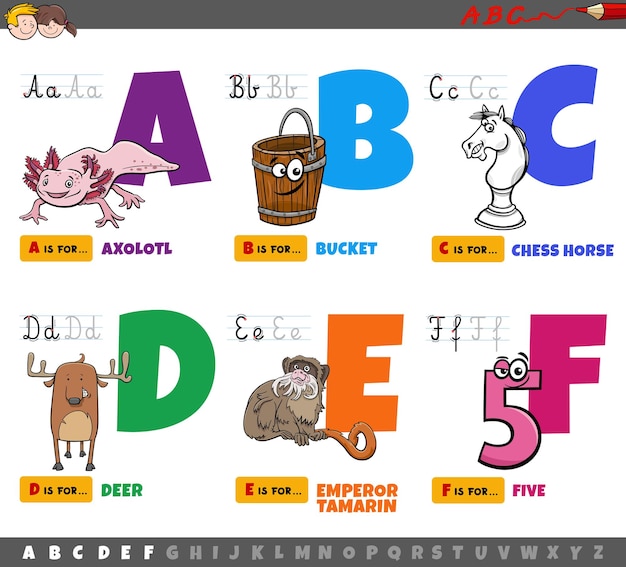 Letters from alphabet educational set from a to f with cartoon characters