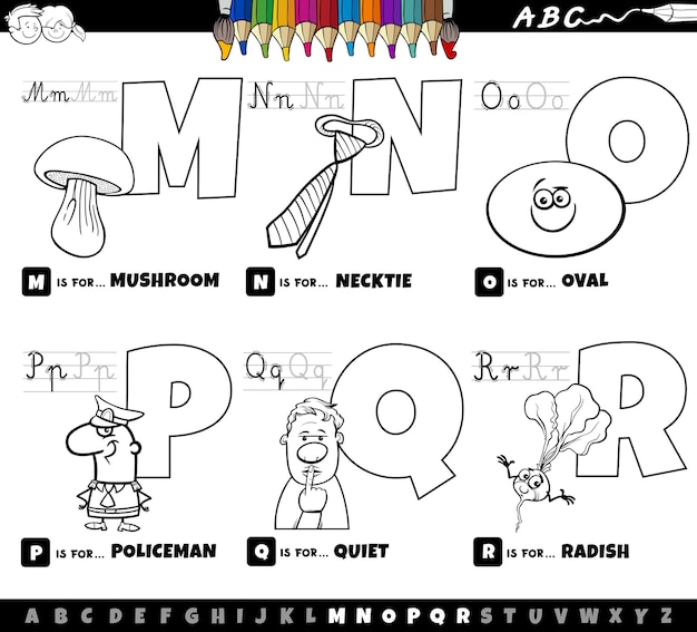 Letters from alphabet educational set from m to r coloring book page