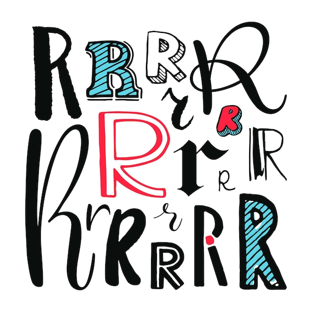 Letters R Set. Different styles. Hand-drawn illustration