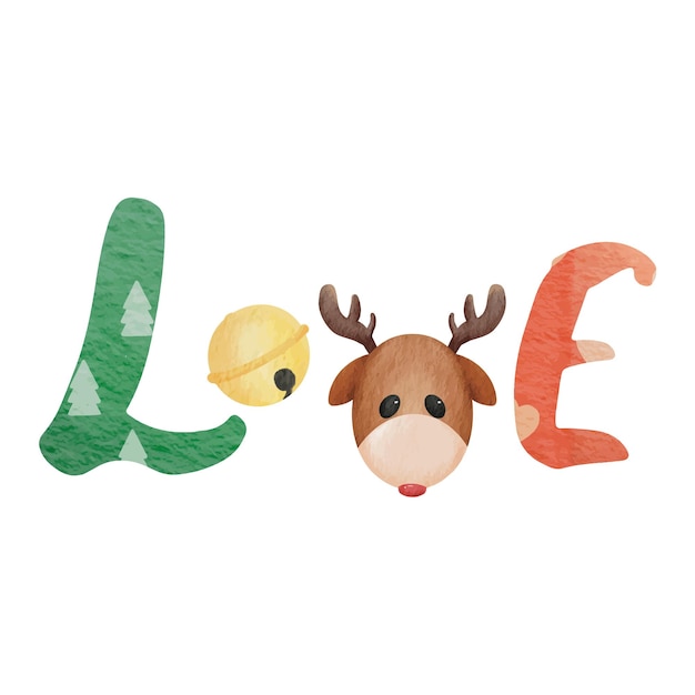 Vector letters in the word love so cute. banner christmas. watercolor vector illustration.