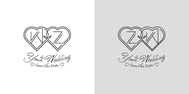 Vector letters zw and wz wedding love logo for couples with w and z initials