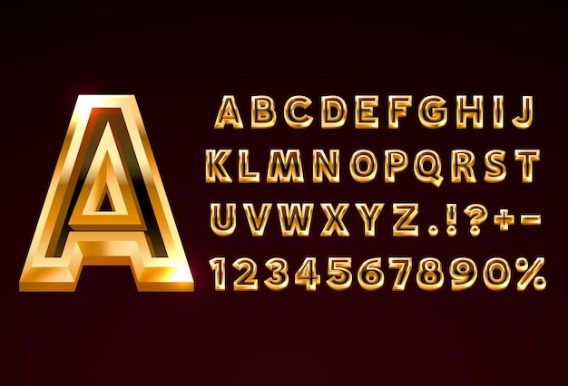 Lettertype gouden symbool, gouden letter en cijfers set. vector illustratie