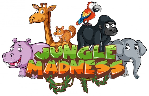 Vector lettertype voor woord jungle waanzin met dieren