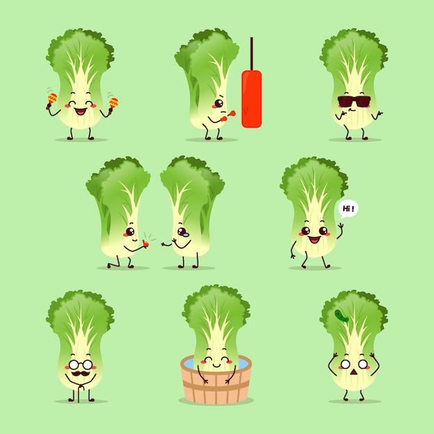 Vector lettuce icon animation cartoon character mascot sticker expression sport activity boxing sauna mustache