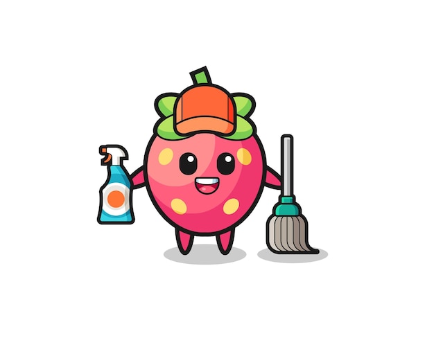 Leuk aardbeikarakter als schoonmaakmascotte, schattig ontwerp