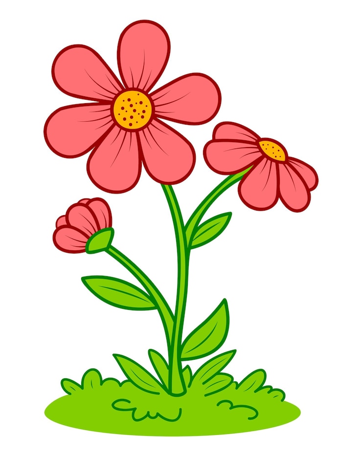 Leuk bloembeeldverhaal. Bloem en gras clipart vectorillustratie