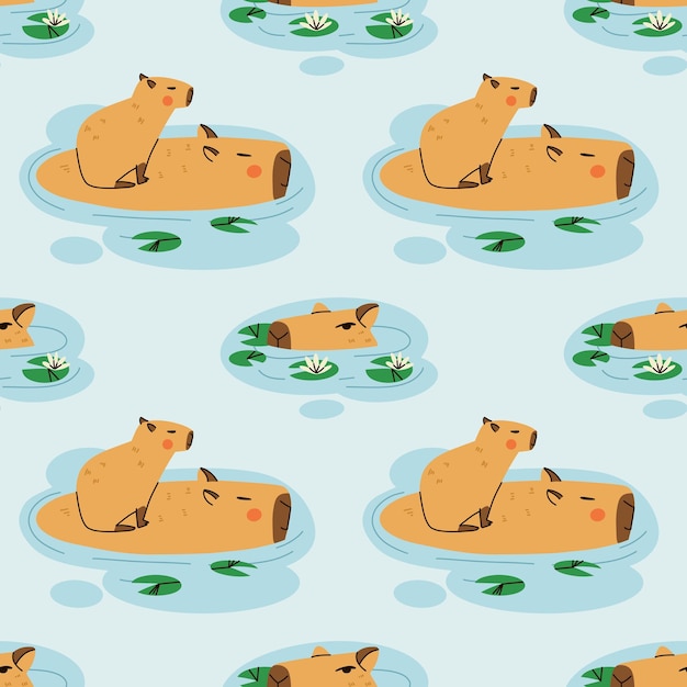 Vector leuk capybara naadloos patroon grappige capibara schattig exotisch dier zuid-amerika zoogdier tropische bladeren achtergrond textiel verpakkingspapier behang ontwerp druk voor stof cartoon vector