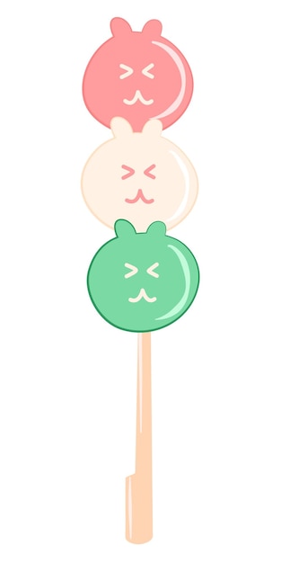 Vector leuk cartoon japans dango-dessert met 3 verschillende kleuren op stok.