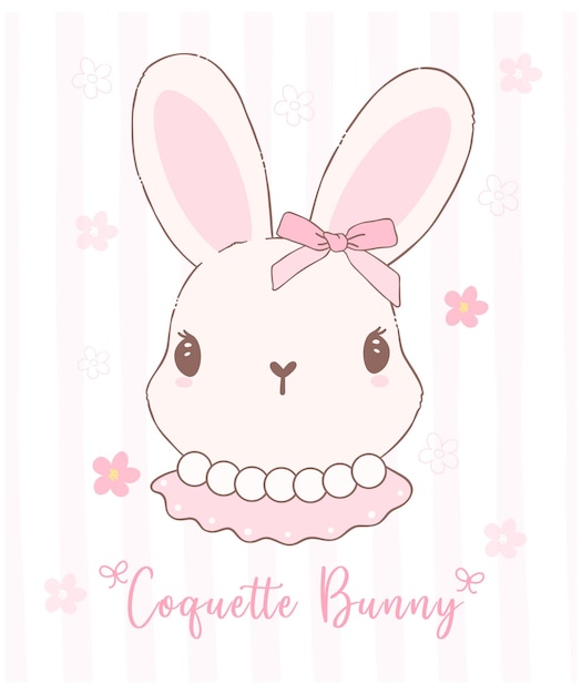 Vector leuk coquette konijn gezicht met strik cartoon zoete retro gelukkige pasen lente dier