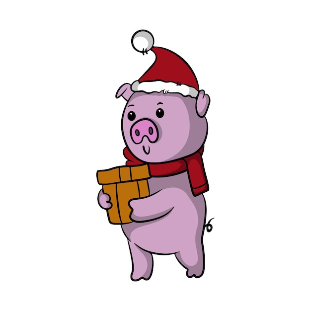 Leuk de illustratieontwerp van het varkensbeeldverhaal die een rode Kerstmishoed en een sjaal dragen die een gift brengen