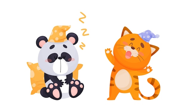 Leuk dierlijk personage in Night Cap Slaapend op kussen en Gauwend Vector Set