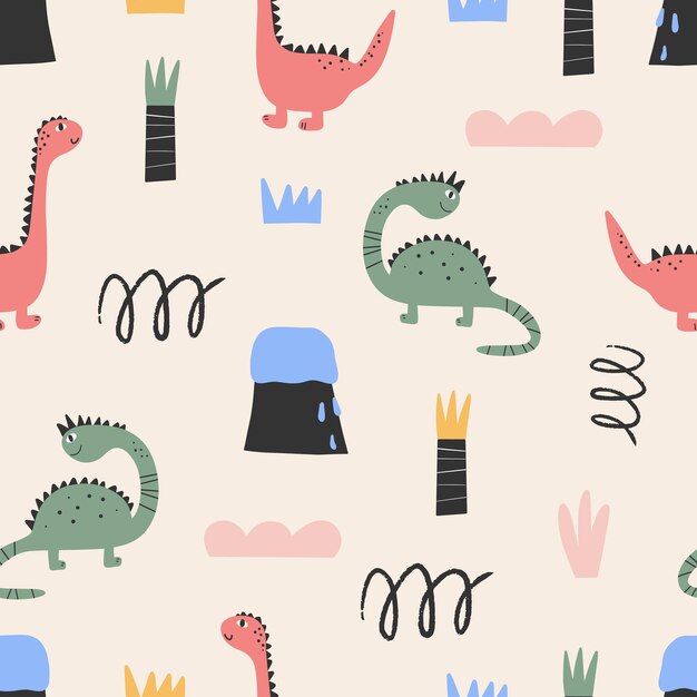 Leuk dinosauruspatroon - handgetekend kinderachtig dinosaurus naadloos patroonontwerp