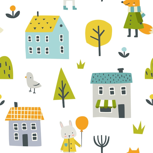 Leuk doodle stadspatroon met dieren huizen planten.