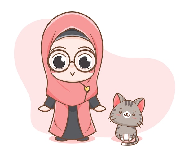 Leuk een moslimmeisje en een kattenbeeldverhaalillustratie