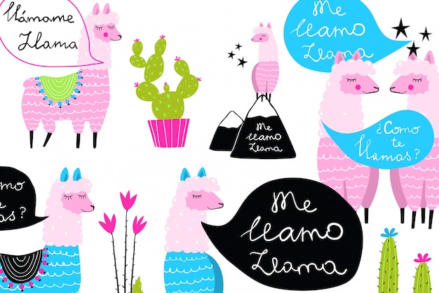 Leuk eigenzinnig achtergrondontwerp met llama's en cactus voor schattige prints.