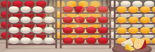 Leuk en mooi ontwerp van Cheese Warehouse met meubels en interieurobjecten vectorontwerp