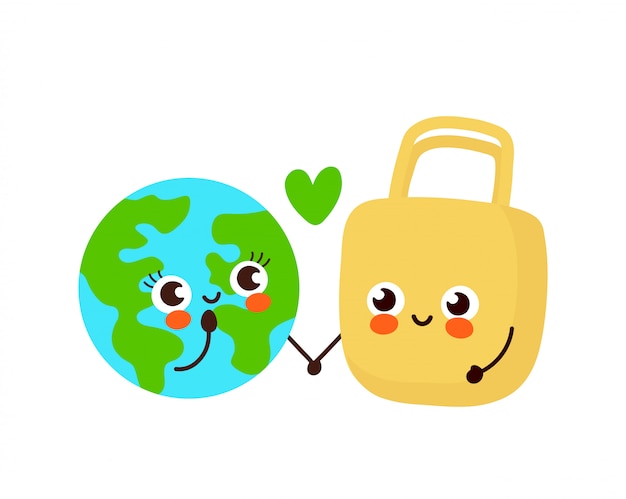 Leuk gelukkig earth planet en eco tas karakter verliefde paar.
