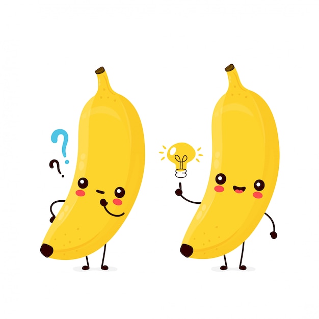 Leuk gelukkig het glimlachen banaanfruit met vraagteken en idee lightbulb.