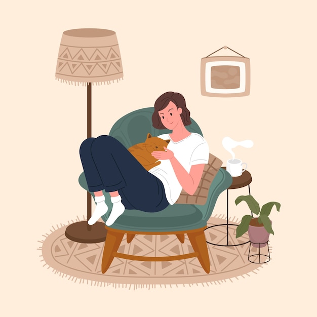 Leuk glimlachend jong meisjeszitting op comfortabele bankkat. schattige vrouw tijd thuis doorbrengen met haar huisdier. portret van gelukkige huisdiereneigenaar.