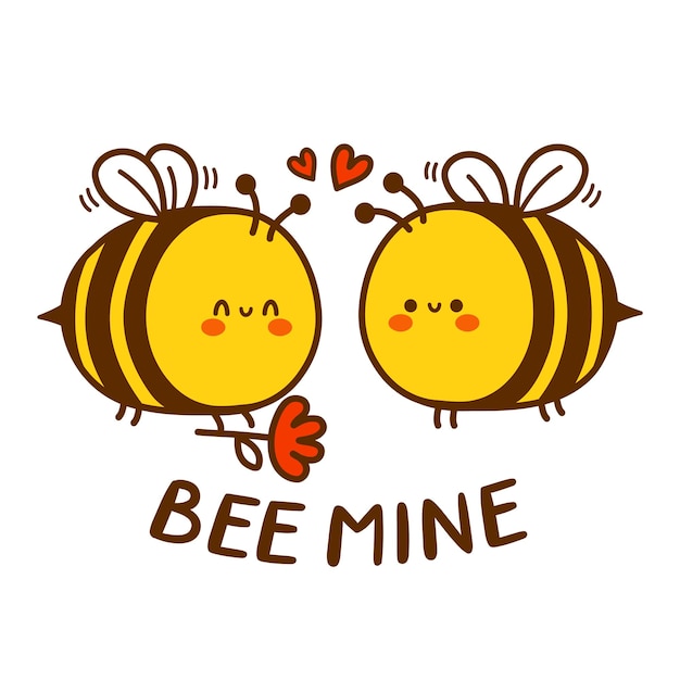 Leuk grappig bijen aanwezig bloemkarakter. Bee mijn citaat. Vector hand getekend cartoon kawaii karakter illustratie pictogram. Leuke romantische kawaii, liefde, paarkaart, posterconcept