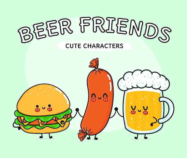 Leuk grappig gelukkig glas bier hamburger worst Vector handgetekende cartoon kawaii personages illustratie icoon Grappig cartoon glas bier hamburger en worst vrienden concept