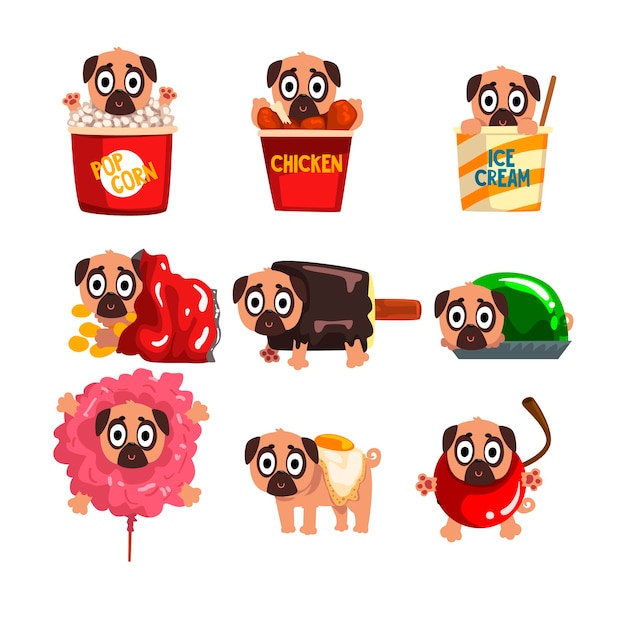 Leuk grappig pug dog karakter in fastfoodproducten illustraties