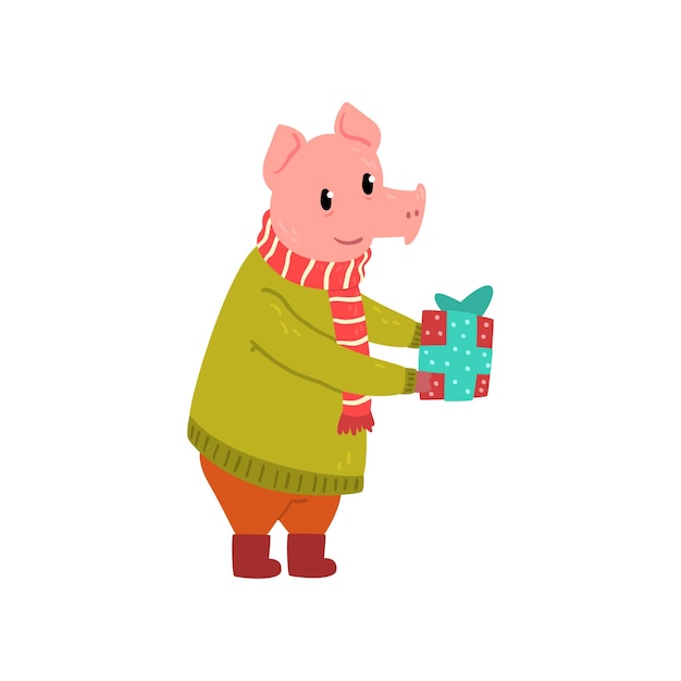 Leuk grappig varkenskarakter gekleed in warme, lichte kleren met het Chinese symbool van de geschenkdoos van het nieuwe jaar