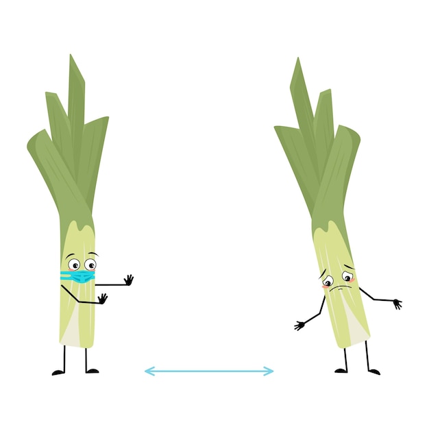 Leuk groen preikarakter met gezicht in medisch masker houd afstand armen en benen gezonde groente met zorguitdrukking en houding rijk aan vitamines platte vectorillustratie