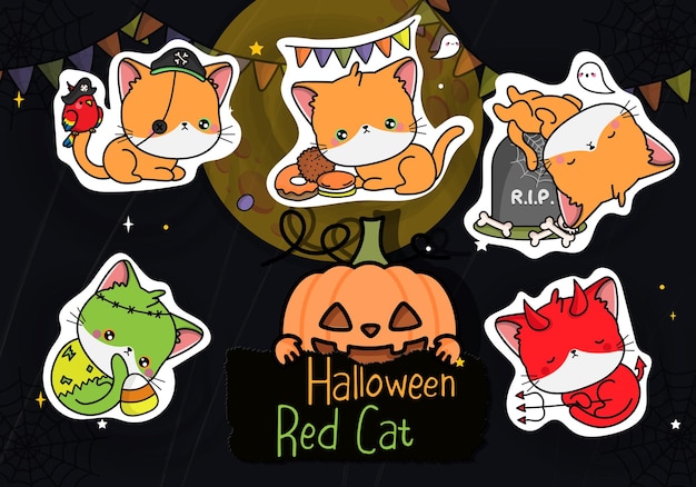 Leuk Halloween-stickerpakket. Set van schattige Halloween Kitten Clipart illustratie.