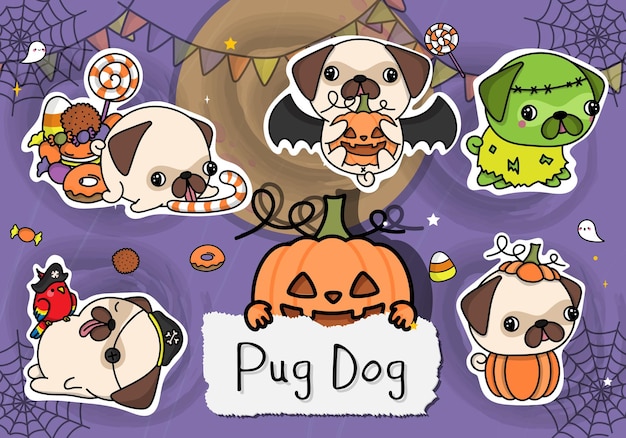 Leuk Halloween-stickerpakket. Verzameling van schattige Halloween hond Clipart illustratie.