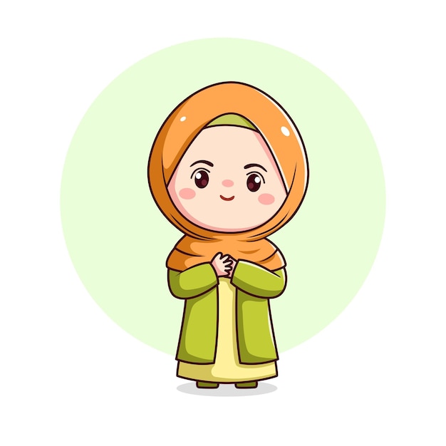 Leuk hijab-meisje voelt dankbaar kawaii chibi-plat karakter